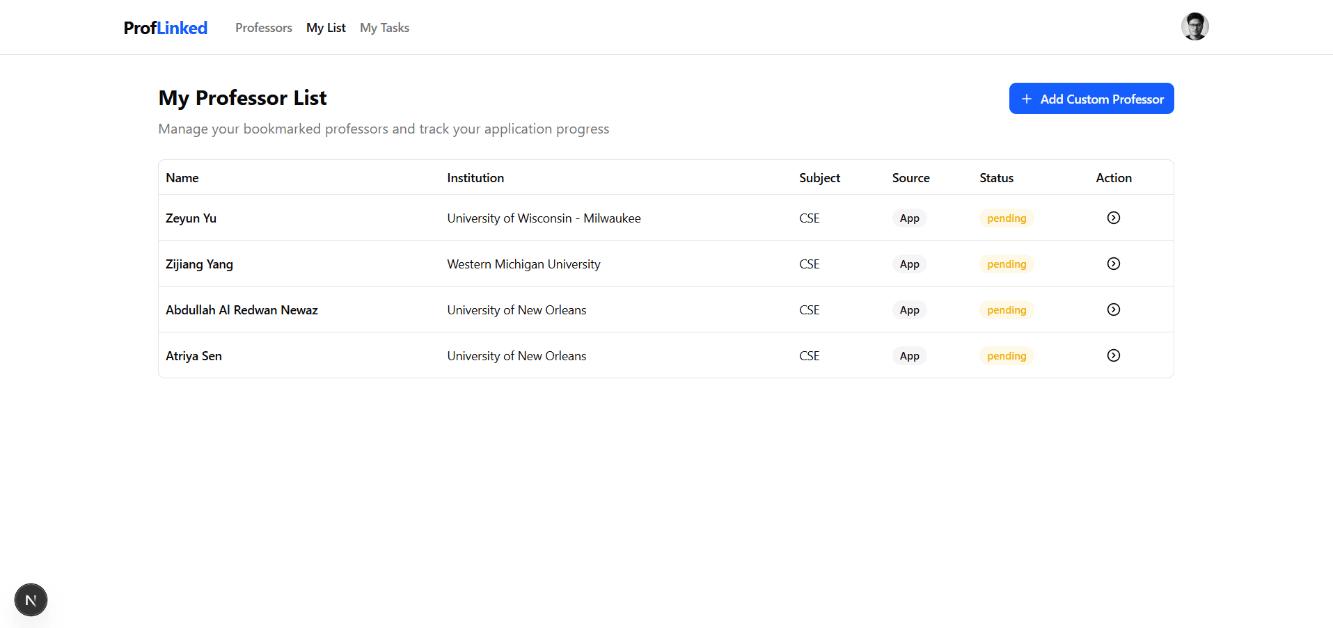 Save Professors to List